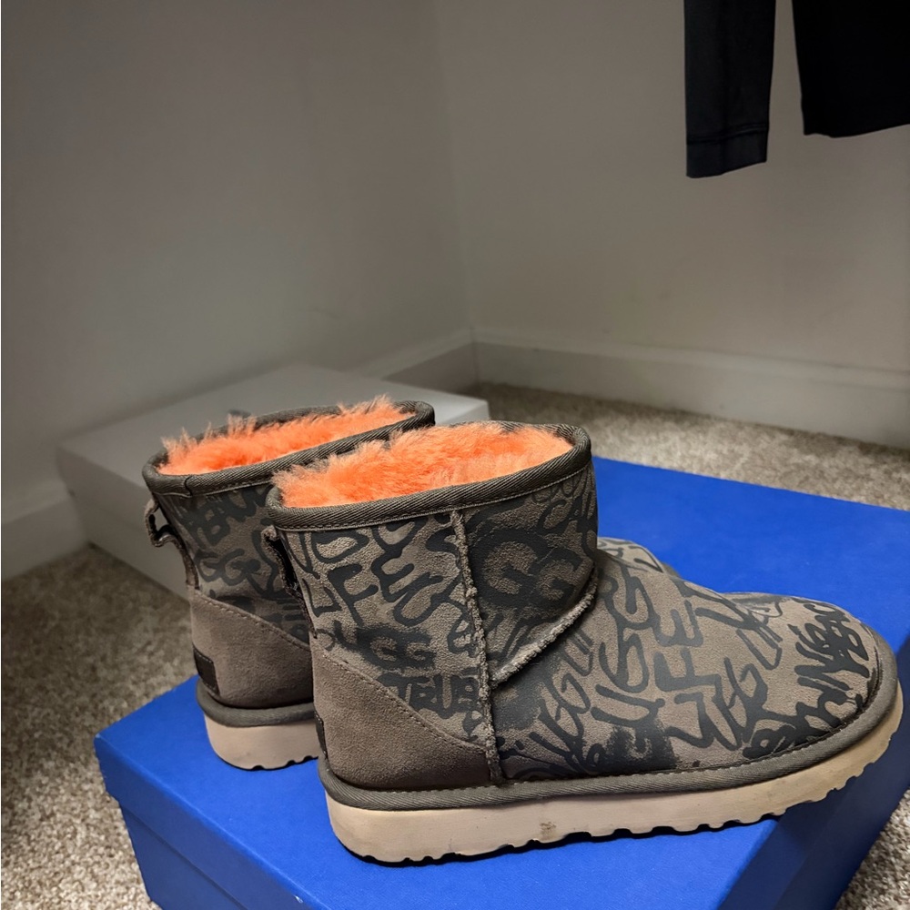 UGG Tan Sole Boots with Blue Graffiti